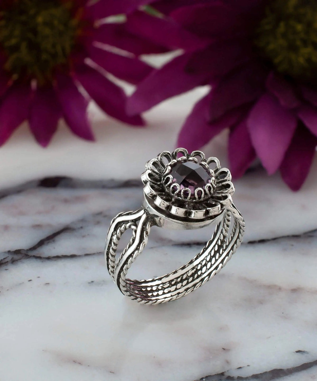 Amethyst Gemstone Sterling Silver Women Cocktail Ring - Drakoi Marketplace