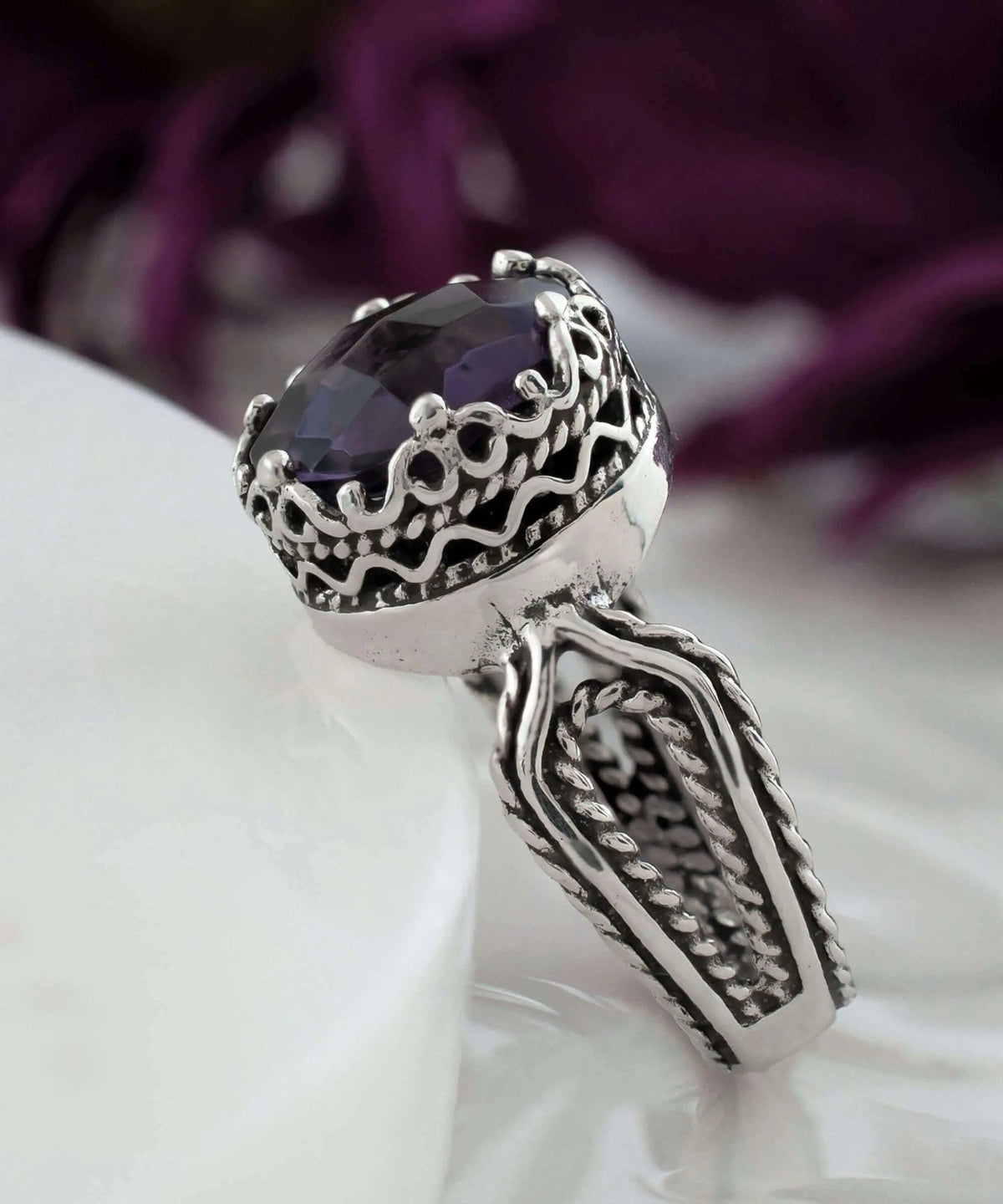 Amethyst Gemstone Women Sterling Silver Cocktail Ring - Drakoi Marketplace