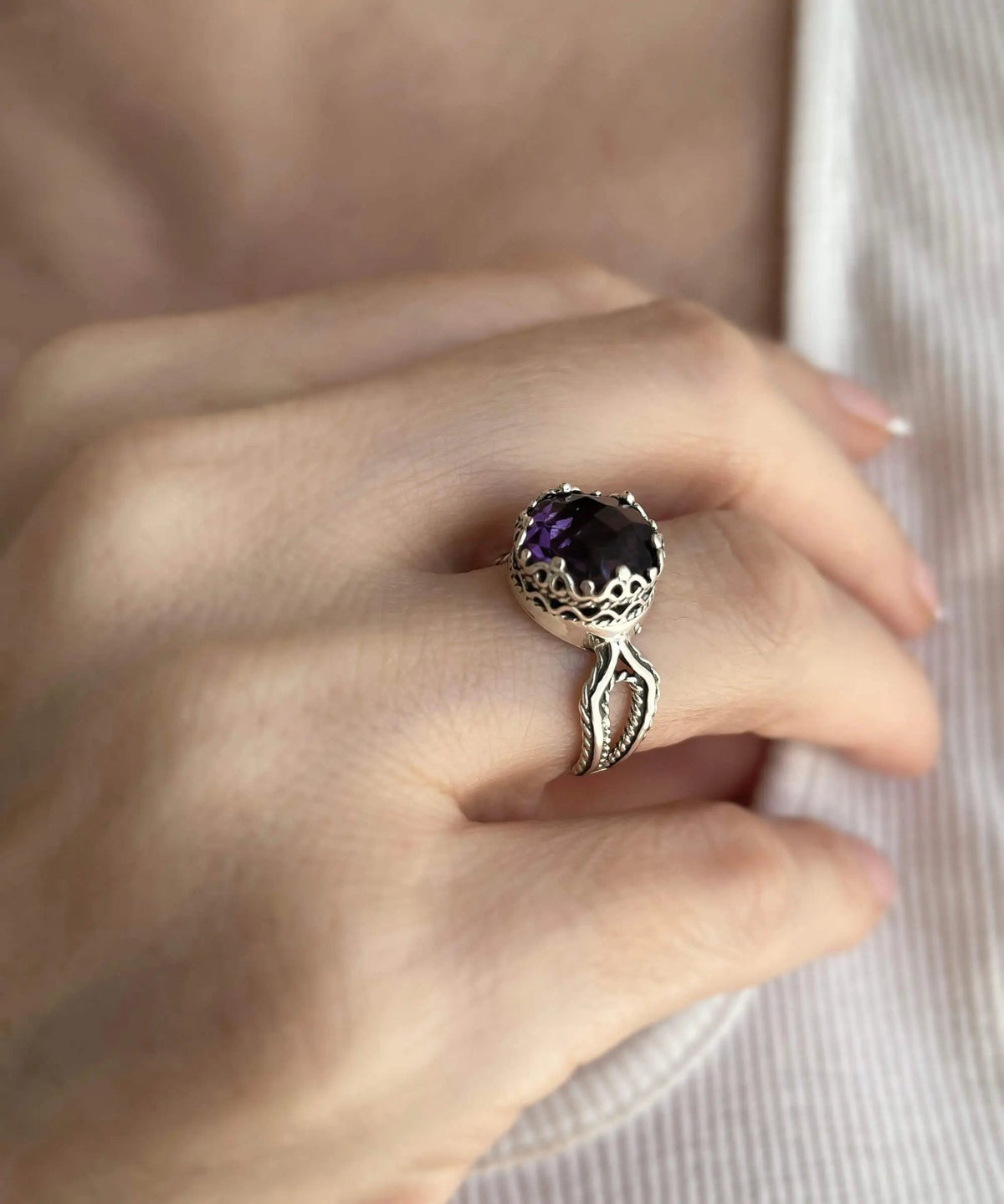 Amethyst Gemstone Women Sterling Silver Cocktail Ring - Drakoi Marketplace