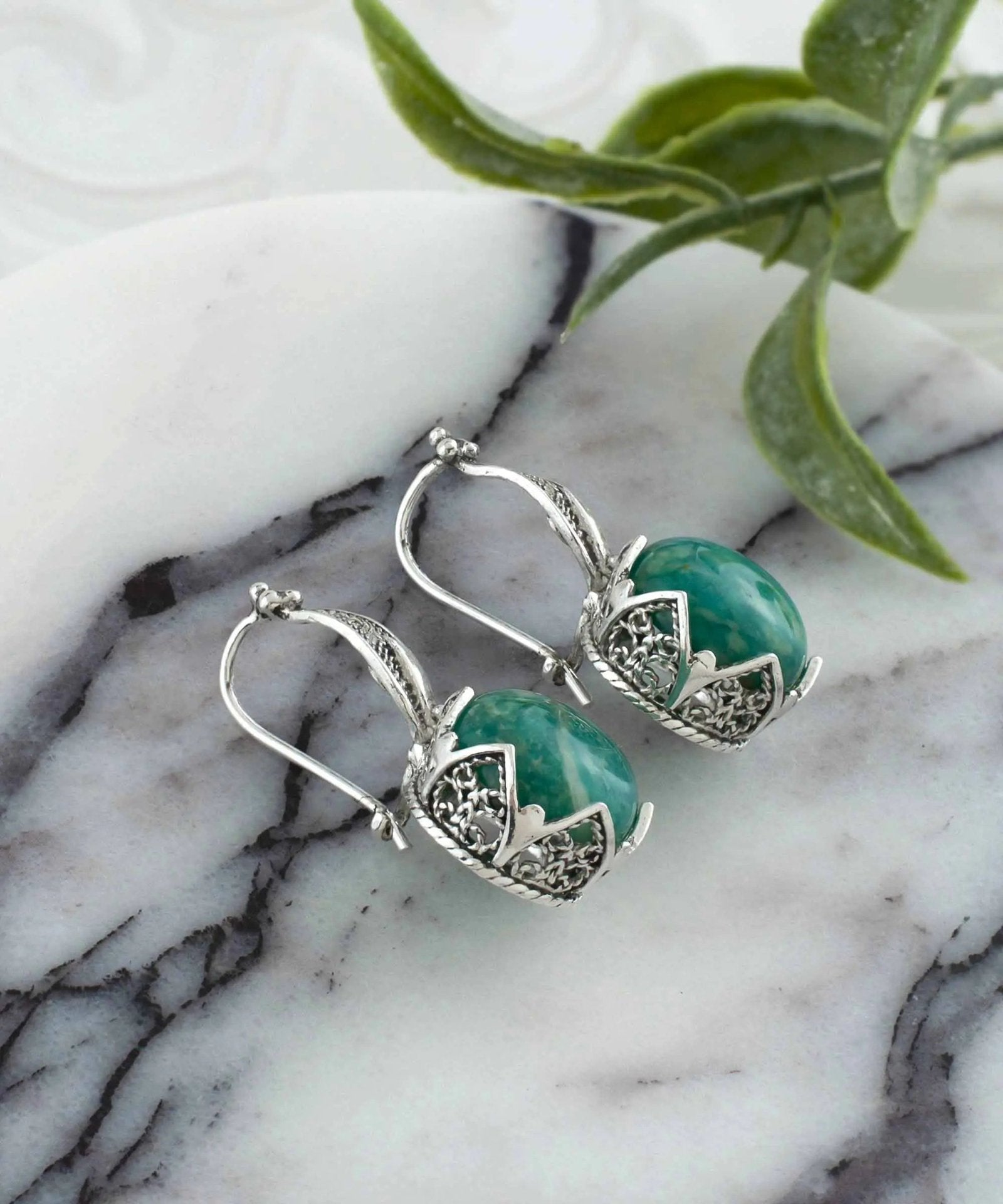 Artful Filigree Flower Pattern Amazonite Gemstone Sterling Silver Woman Drop Earrings - Drakoi Marketplace