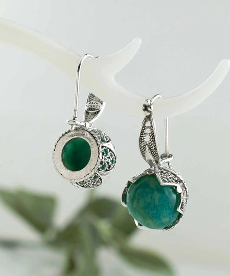 Artful Filigree Flower Pattern Amazonite Gemstone Sterling Silver Woman Drop Earrings - Drakoi Marketplace