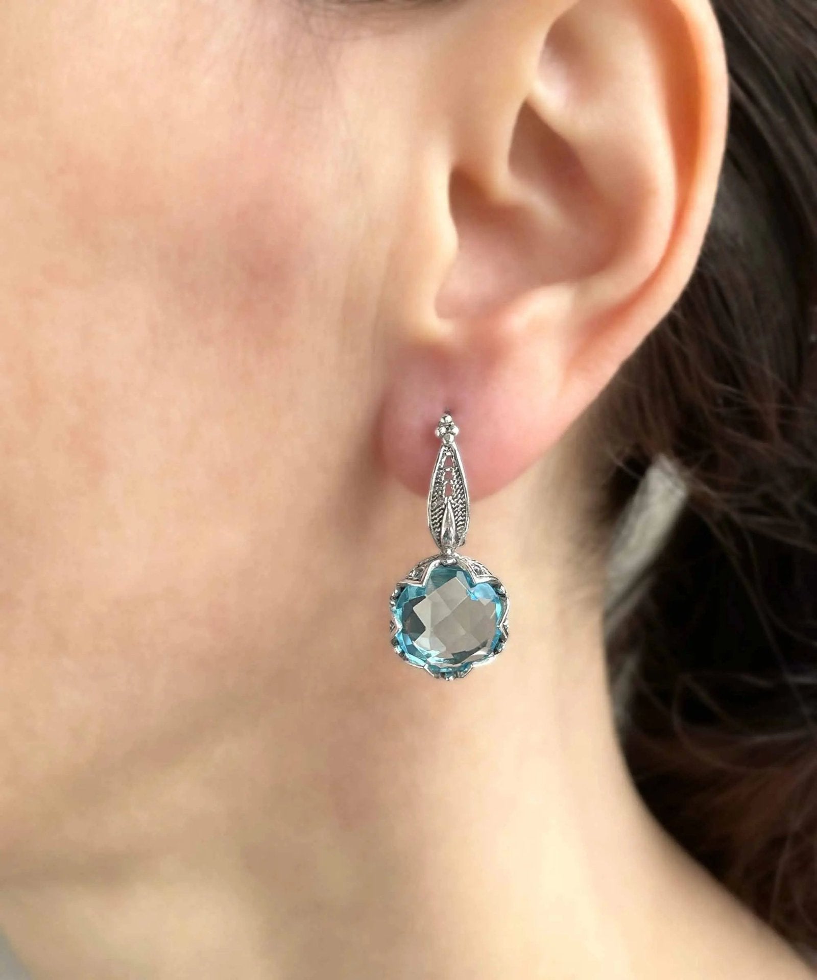 Artistic Filigree Flower Design Blue Topaz Sterling Silver Drop Earrings - Drakoi Marketplace