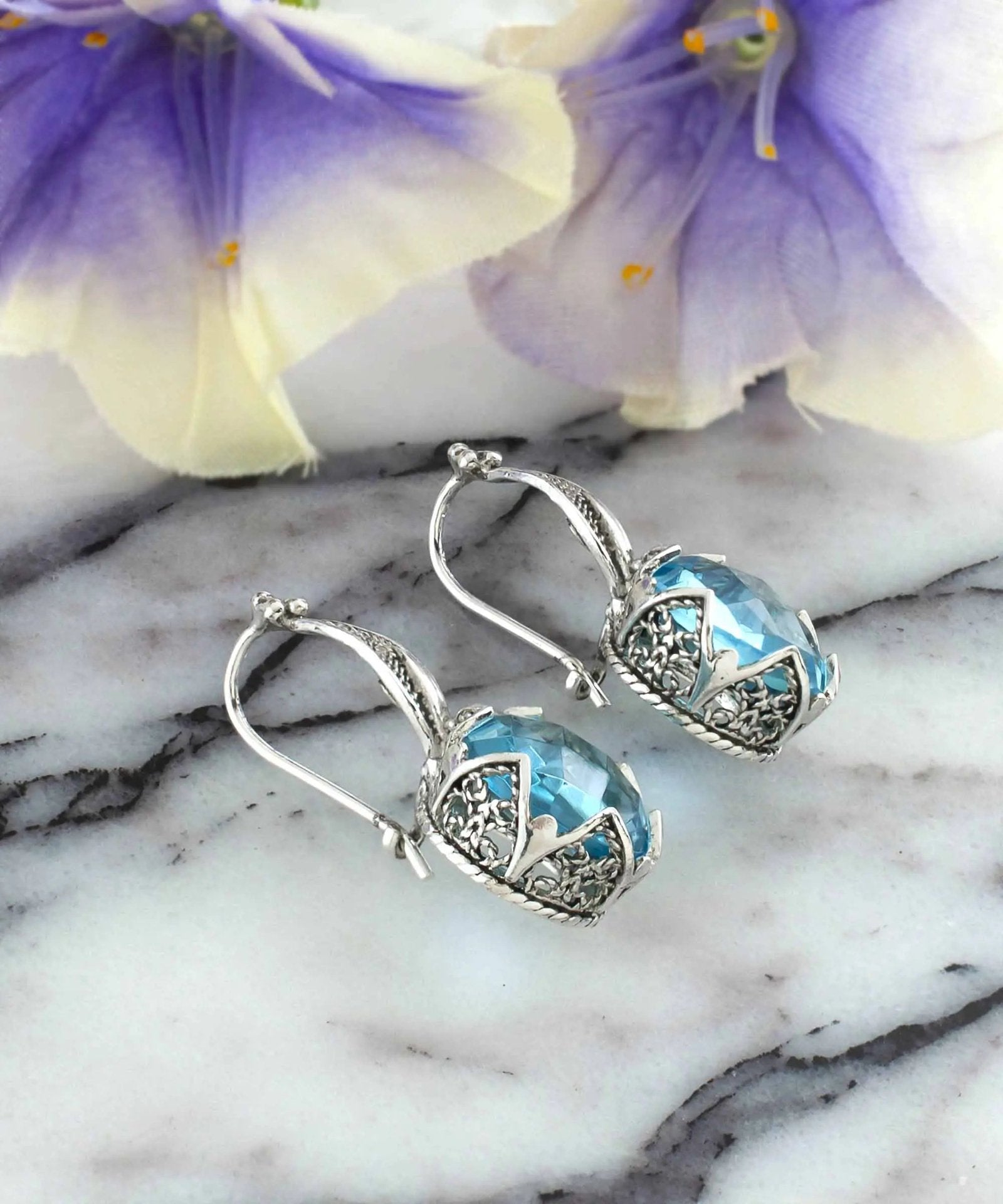 Artistic Filigree Flower Design Blue Topaz Sterling Silver Drop Earrings - Drakoi Marketplace