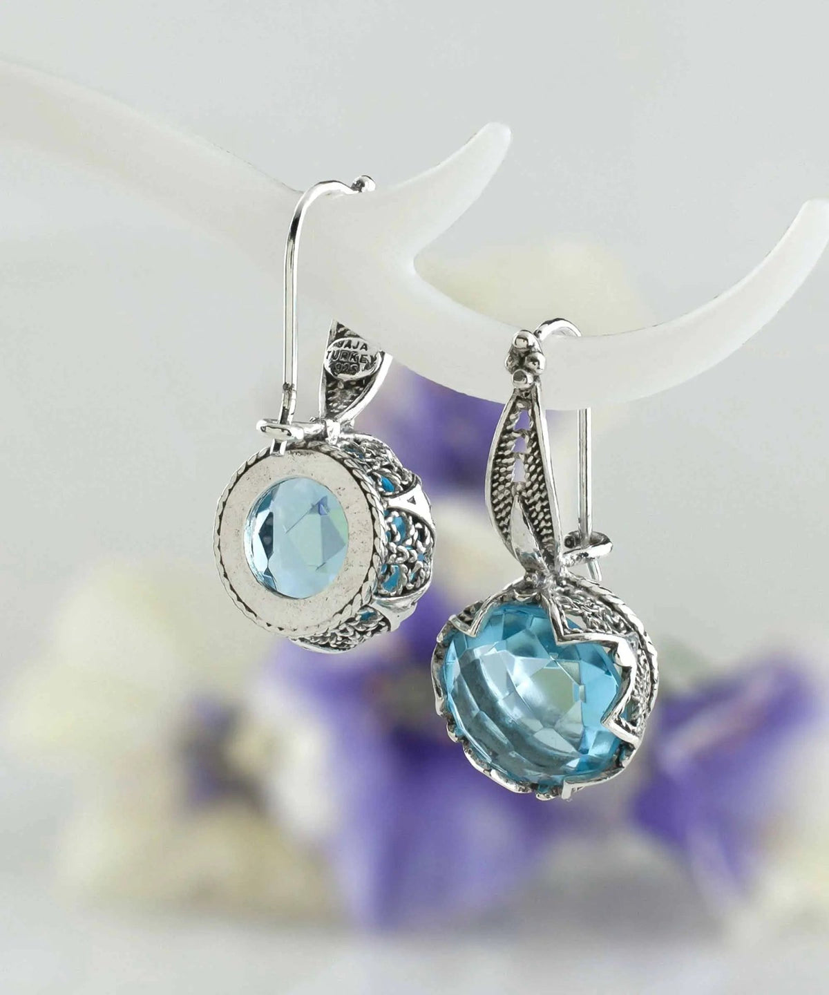 Artistic Filigree Flower Design Blue Topaz Sterling Silver Drop Earrings - Drakoi Marketplace