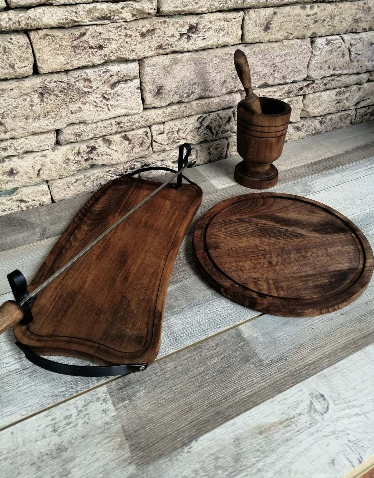 Barbecue grilling set, serving tray, cutting wood board, mortar for crushing spices - Drakoi Marketplace