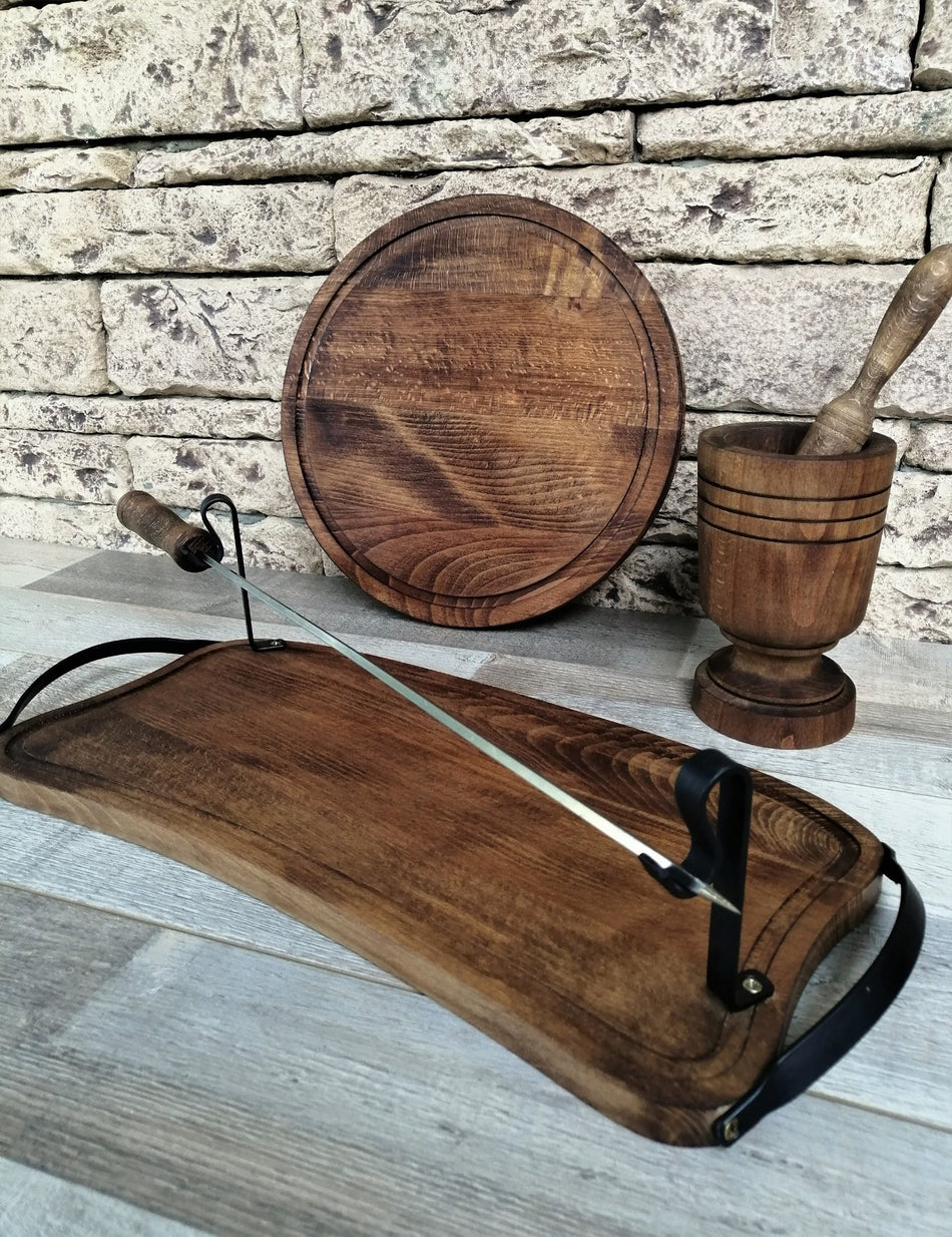 Barbecue grilling set, serving tray, cutting wood board, mortar for crushing spices - Drakoi Marketplace