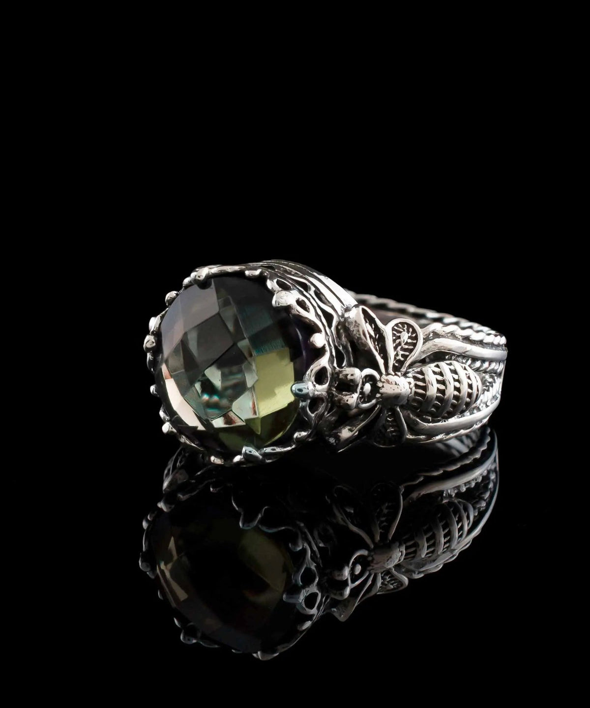 Bee Detailed Alexandrite Gemstone Filigree Art Women Silver Cocktail Ring - Drakoi Marketplace