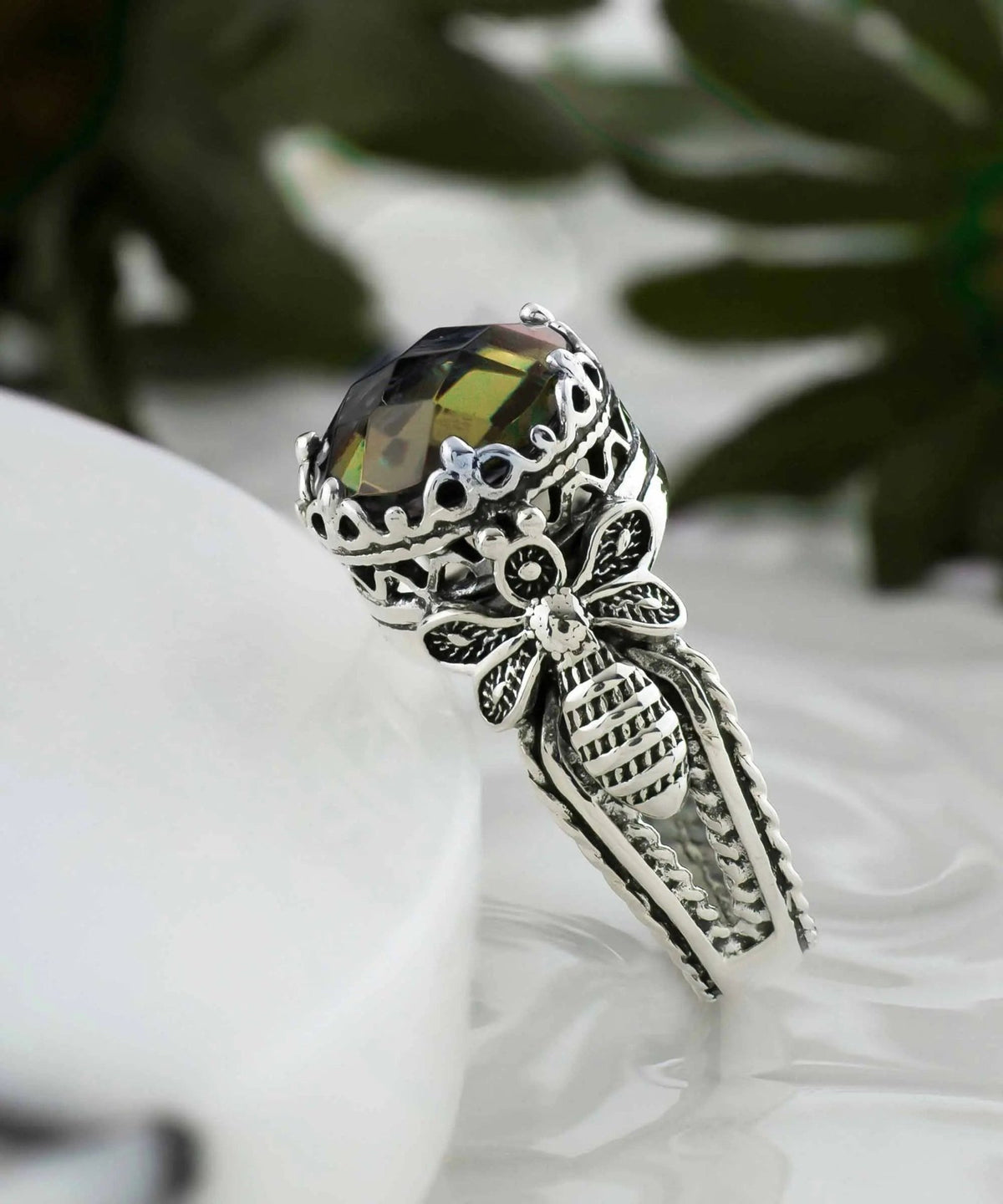 Bee Detailed Alexandrite Gemstone Filigree Art Women Silver Cocktail Ring - Drakoi Marketplace