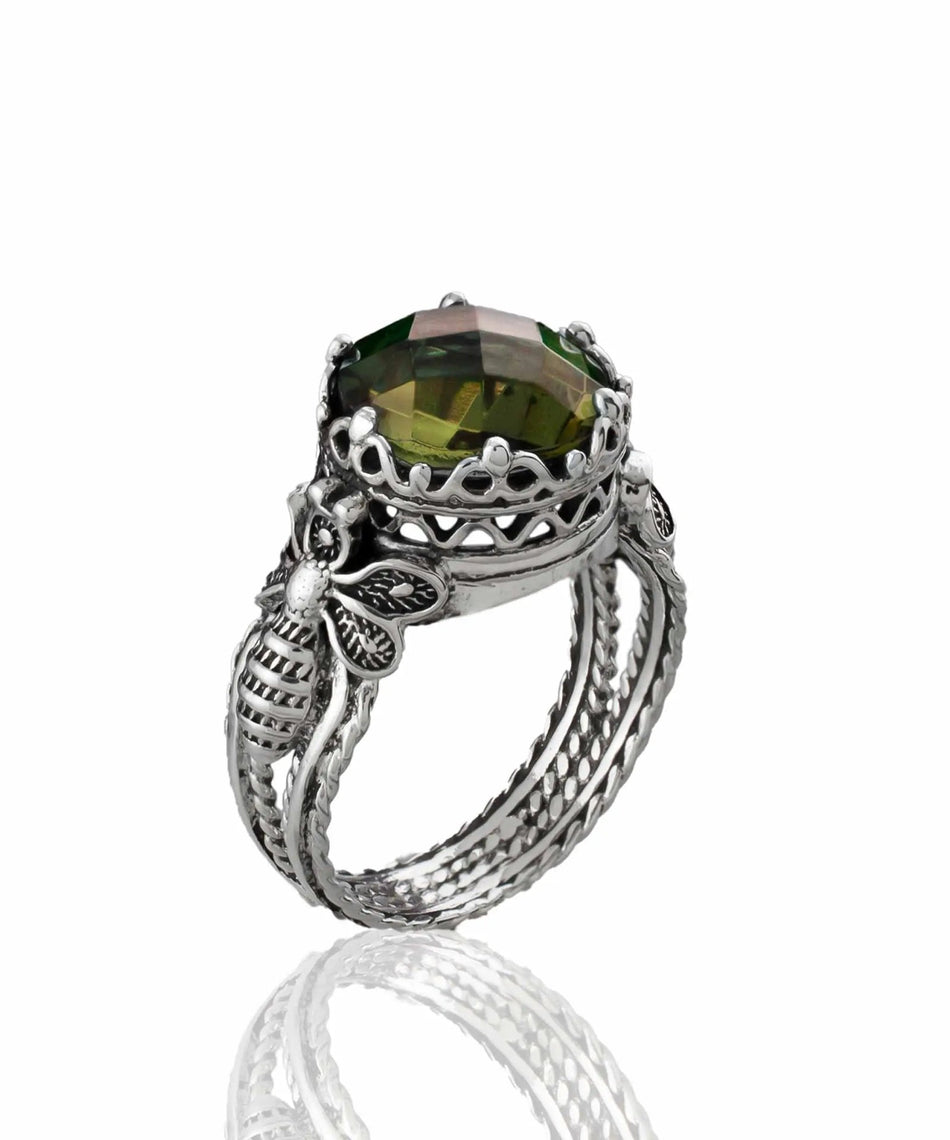 Bee Detailed Alexandrite Gemstone Filigree Art Women Silver Cocktail Ring - Drakoi Marketplace