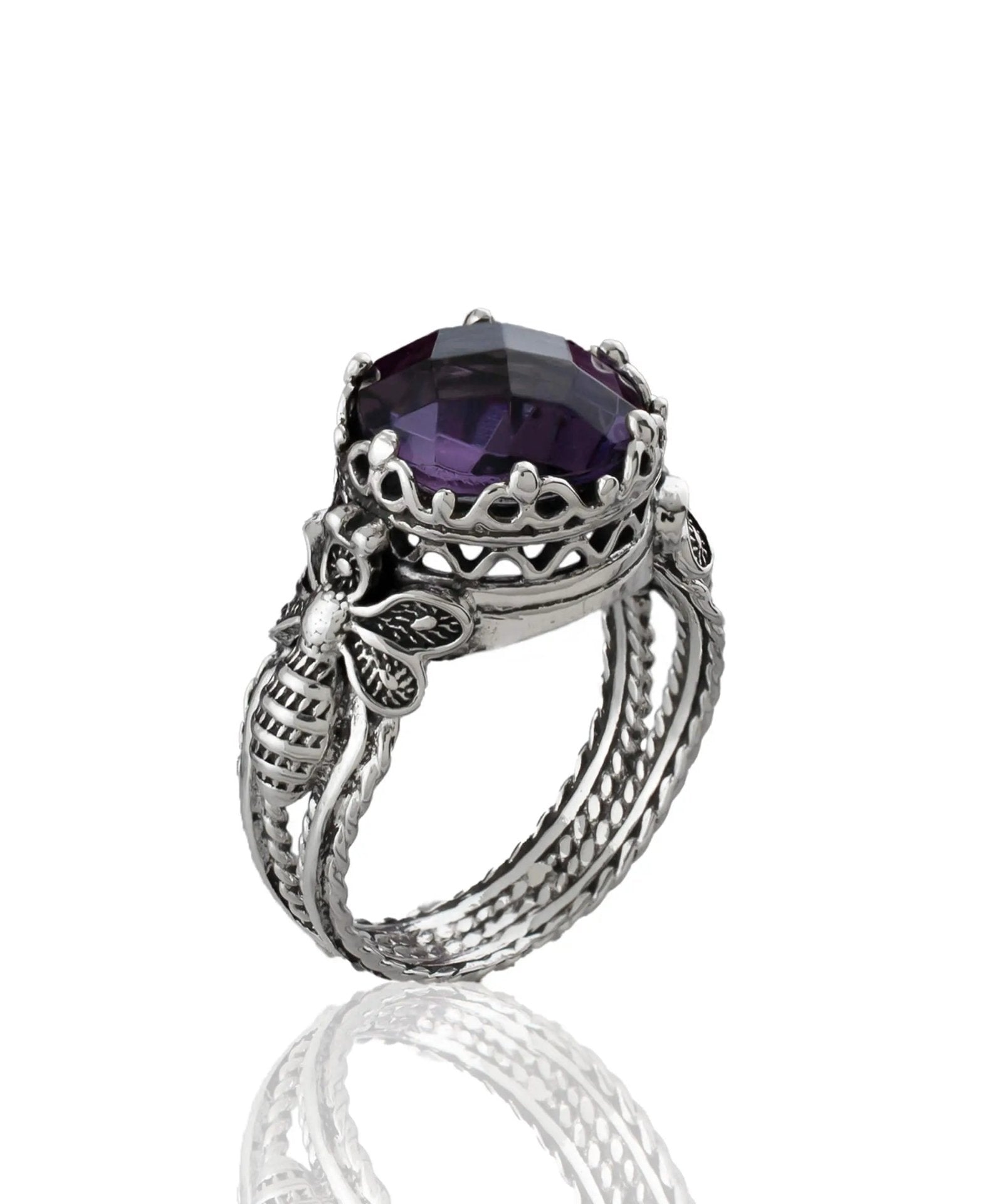 Bee Detailed Amethyst Gemstone Filigree Art Women Silver Cocktail Ring - Drakoi Marketplace