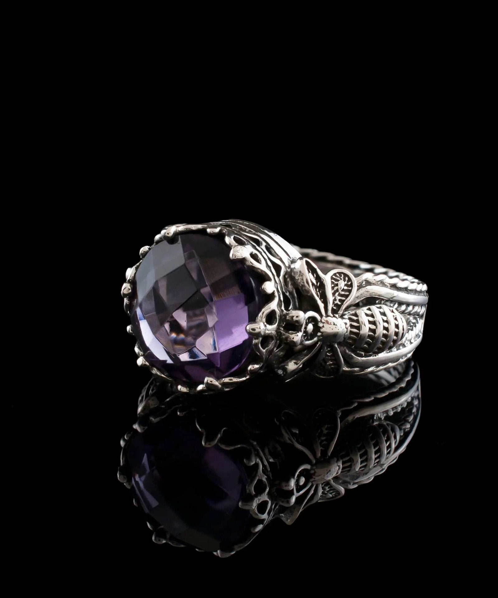 Bee Detailed Amethyst Gemstone Filigree Art Women Silver Cocktail Ring - Drakoi Marketplace