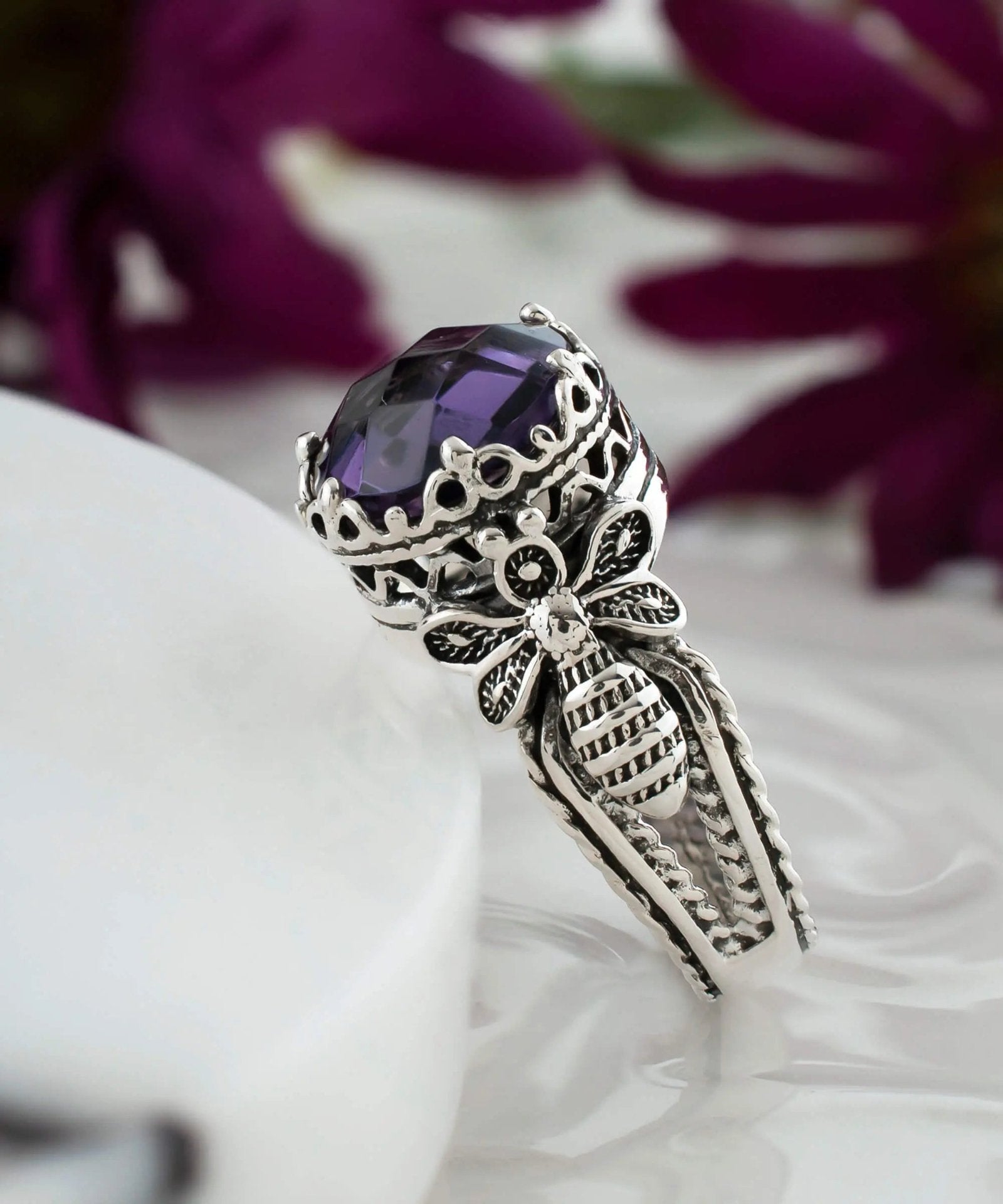 Bee Detailed Amethyst Gemstone Filigree Art Women Silver Cocktail Ring - Drakoi Marketplace