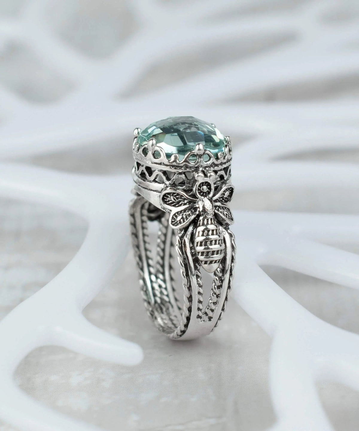 Bee Detailed Aquamarine Gemstone Filigree Art Women Silver Cocktail Ring - Drakoi Marketplace