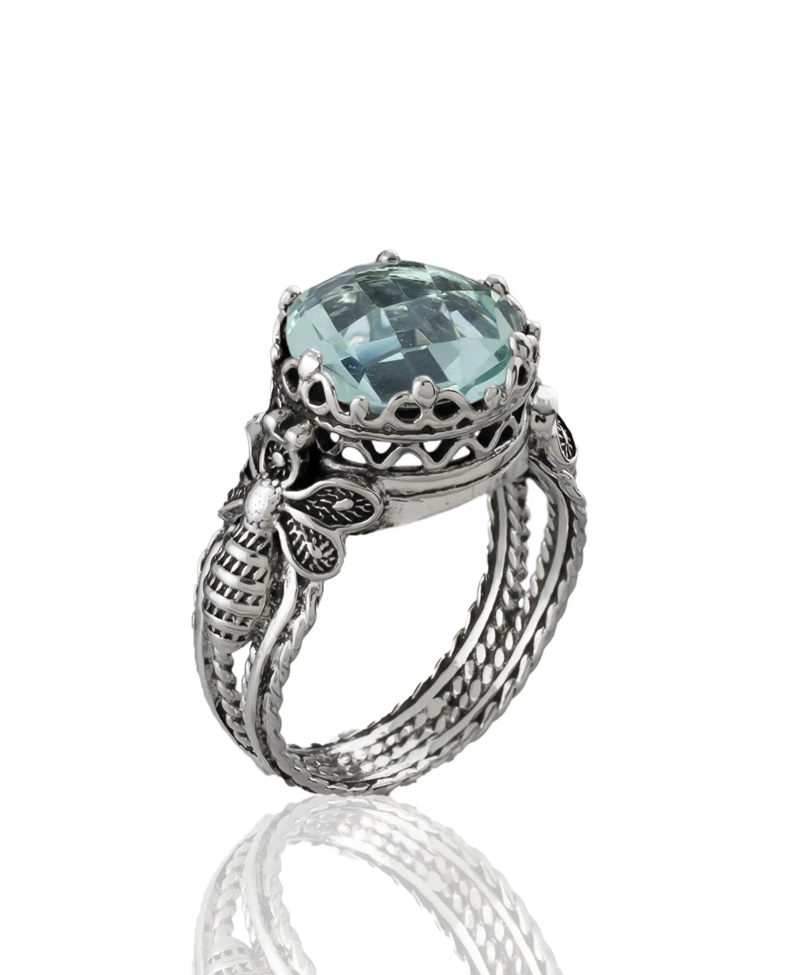 Bee Detailed Aquamarine Gemstone Filigree Art Women Silver Cocktail Ring - Drakoi Marketplace