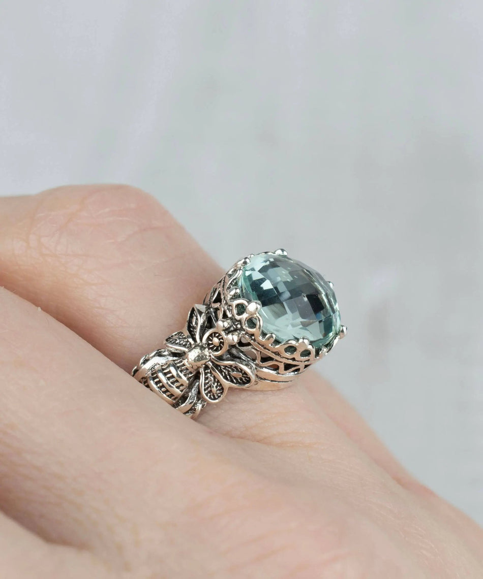 Bee Detailed Aquamarine Gemstone Filigree Art Women Silver Cocktail Ring - Drakoi Marketplace