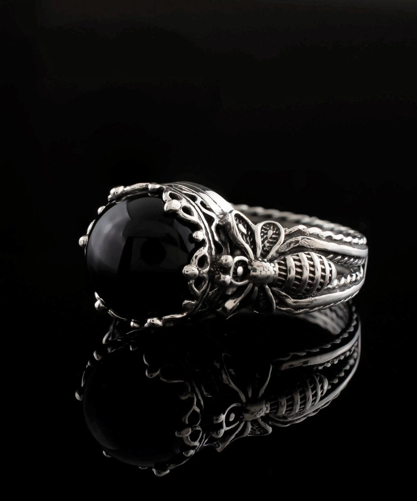 Bee Detailed Black Onyx Gemstone Filigree Art Women Silver Cocktail Ring - Drakoi Marketplace