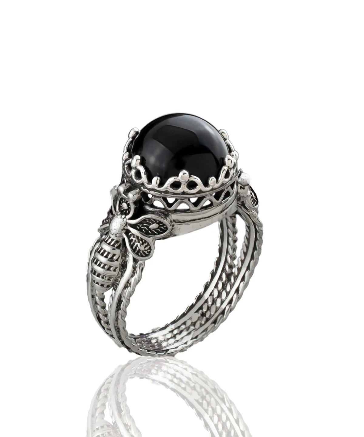 Bee Detailed Black Onyx Gemstone Filigree Art Women Silver Cocktail Ring - Drakoi Marketplace