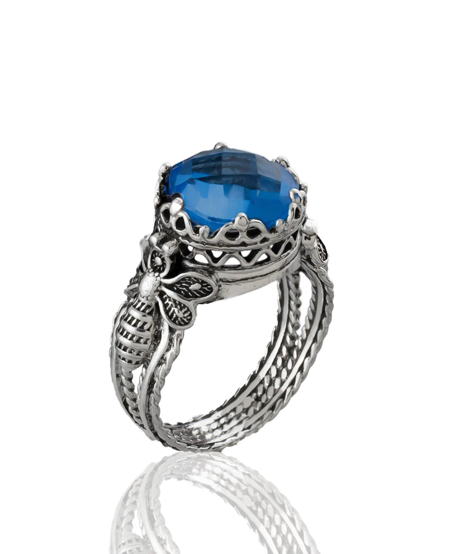 Bee Detailed Blue Quartz Gemstone Filigree Art Women Silver Cocktail Ring - Drakoi Marketplace