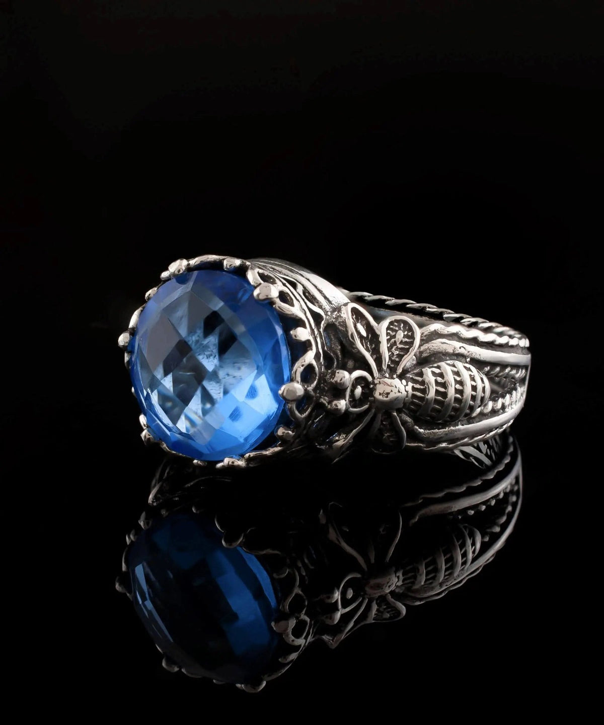 Bee Detailed Blue Quartz Gemstone Filigree Art Women Silver Cocktail Ring - Drakoi Marketplace