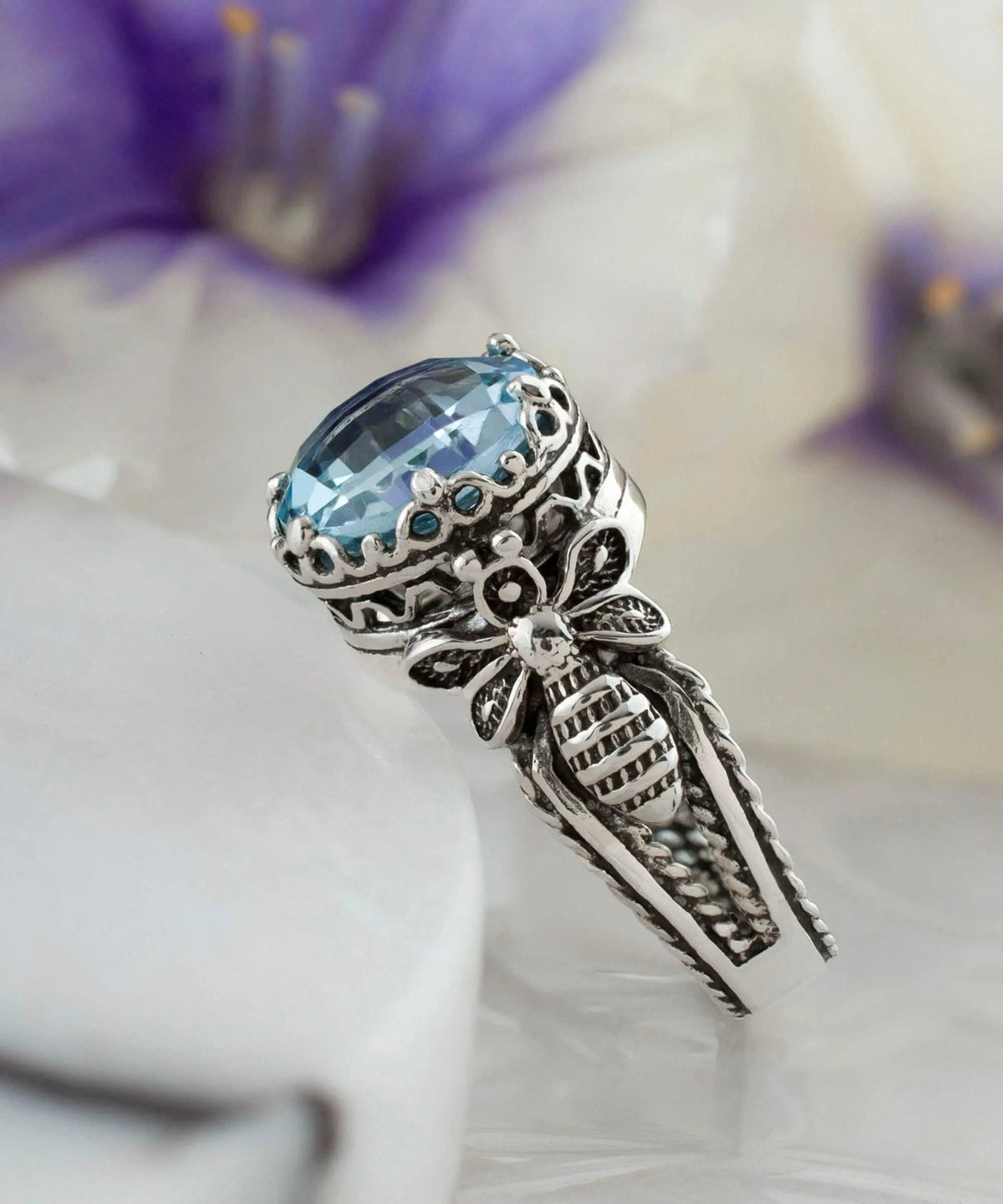 Bee Detailed Blue Topaz Gemstone Filigree Art Women Silver Cocktail Ring - Drakoi Marketplace