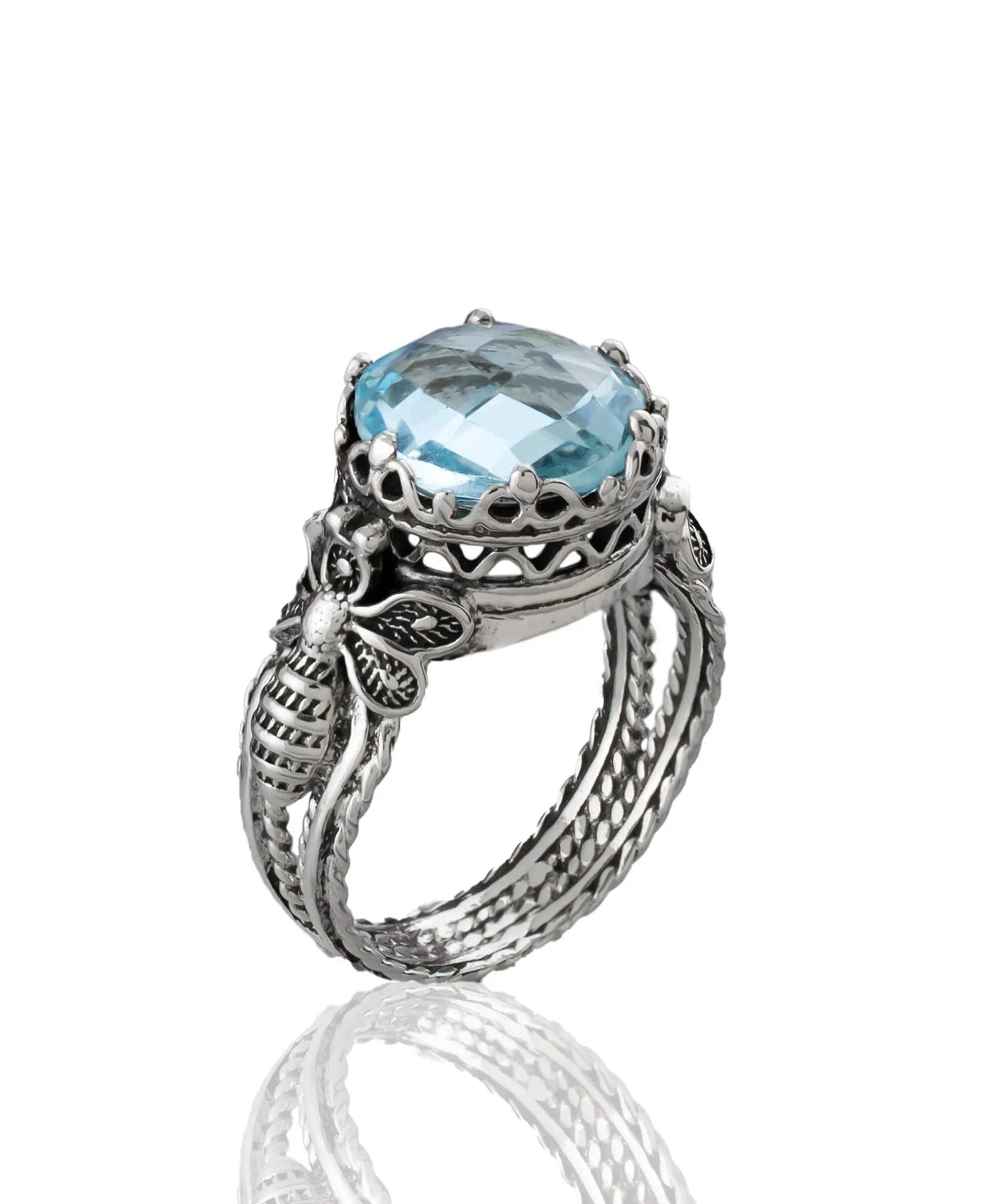 Bee Detailed Blue Topaz Gemstone Filigree Art Women Silver Cocktail Ring - Drakoi Marketplace