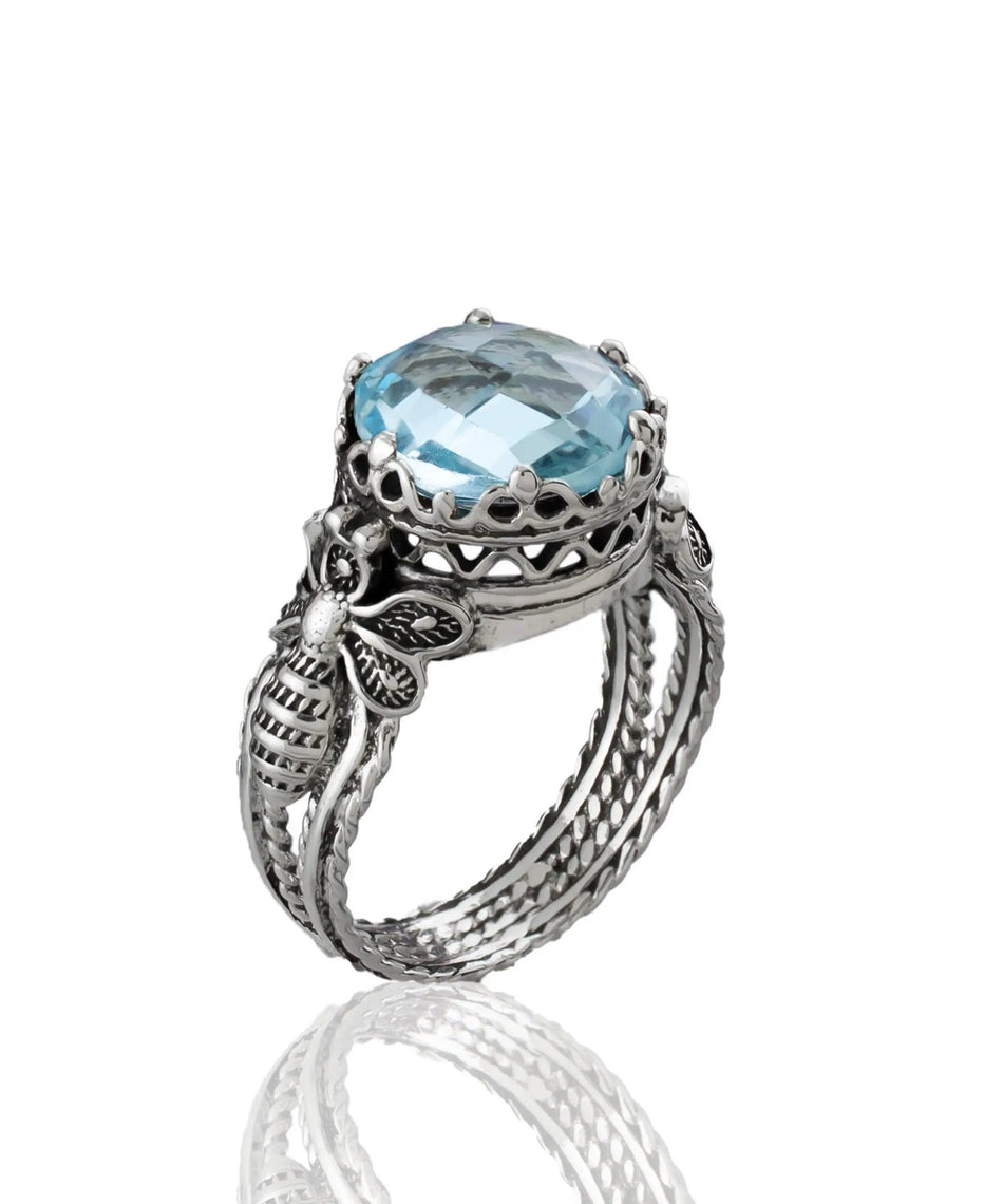 Bee Detailed Blue Topaz Gemstone Filigree Art Women Silver Cocktail Ring - Drakoi Marketplace