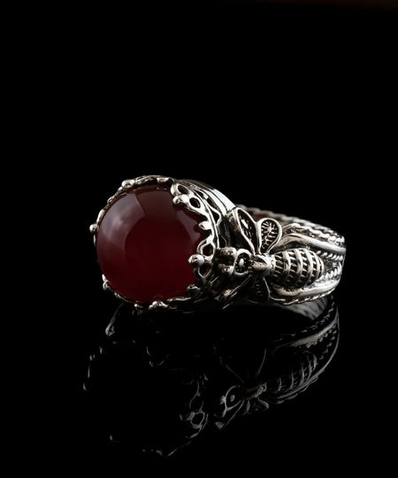 Bee Detailed Carnelian Gemstone Filigree Art Women Silver Cocktail Ring - Drakoi Marketplace