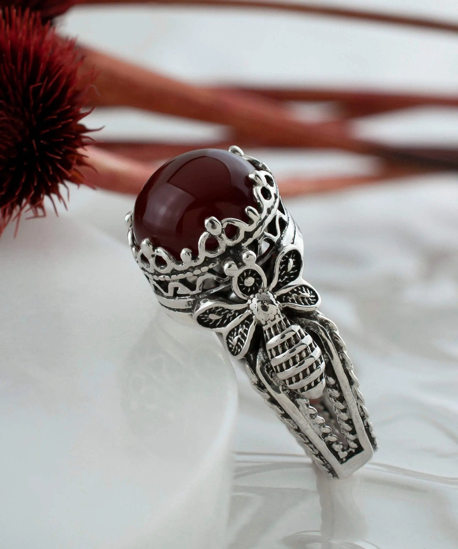 Bee Detailed Carnelian Gemstone Filigree Art Women Silver Cocktail Ring - Drakoi Marketplace