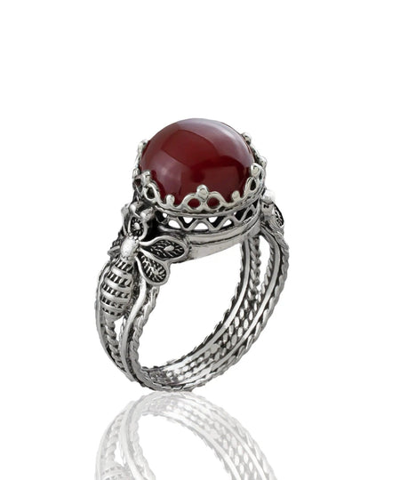 Bee Detailed Carnelian Gemstone Filigree Art Women Silver Cocktail Ring - Drakoi Marketplace