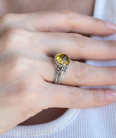 Bee Detailed Citrine Gemstone Filigree Art Women Silver Cocktail Ring - Drakoi Marketplace