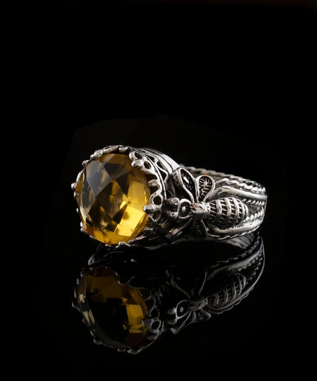 Bee Detailed Citrine Gemstone Filigree Art Women Silver Cocktail Ring - Drakoi Marketplace