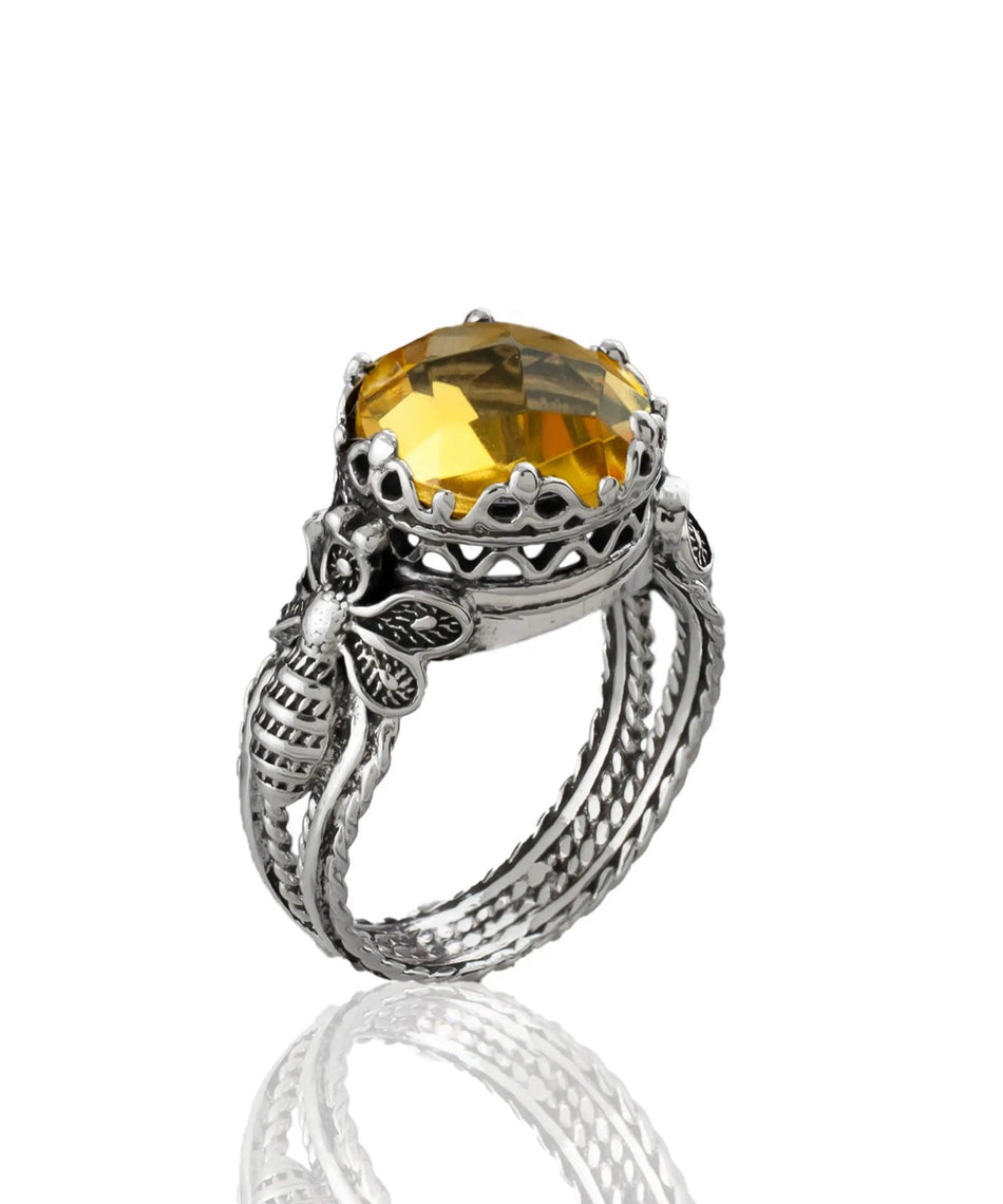 Bee Detailed Citrine Gemstone Filigree Art Women Silver Cocktail Ring - Drakoi Marketplace