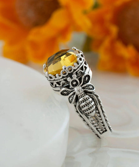 Bee Detailed Citrine Gemstone Filigree Art Women Silver Cocktail Ring - Drakoi Marketplace