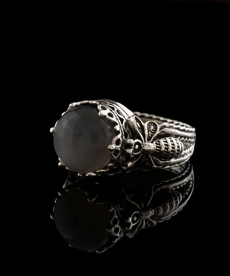 Bee Detailed Gray Moonstone Gemstone Filigree Art Women Silver Cocktail Ring - Drakoi Marketplace