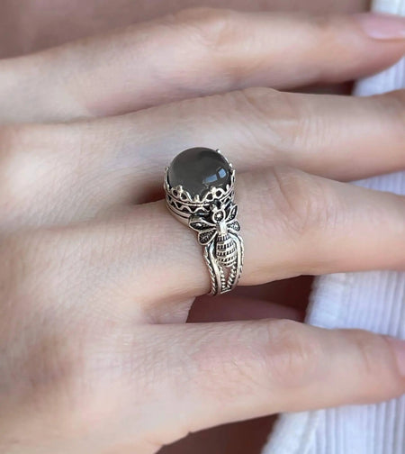 Bee Detailed Gray Moonstone Gemstone Filigree Art Women Silver Cocktail Ring - Drakoi Marketplace