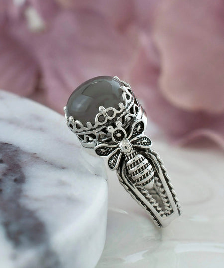 Bee Detailed Gray Moonstone Gemstone Filigree Art Women Silver Cocktail Ring - Drakoi Marketplace