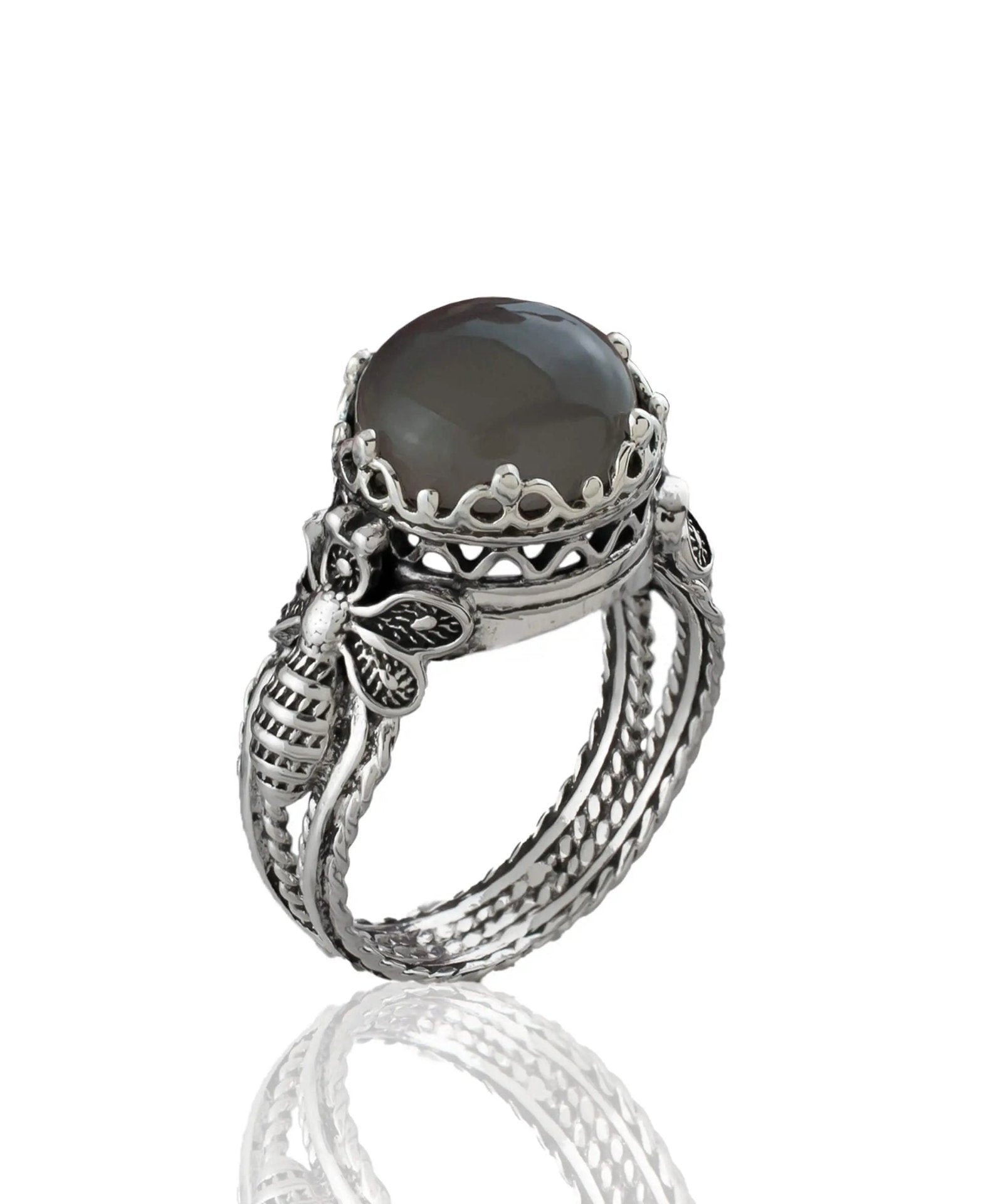 Bee Detailed Gray Moonstone Gemstone Filigree Art Women Silver Cocktail Ring - Drakoi Marketplace