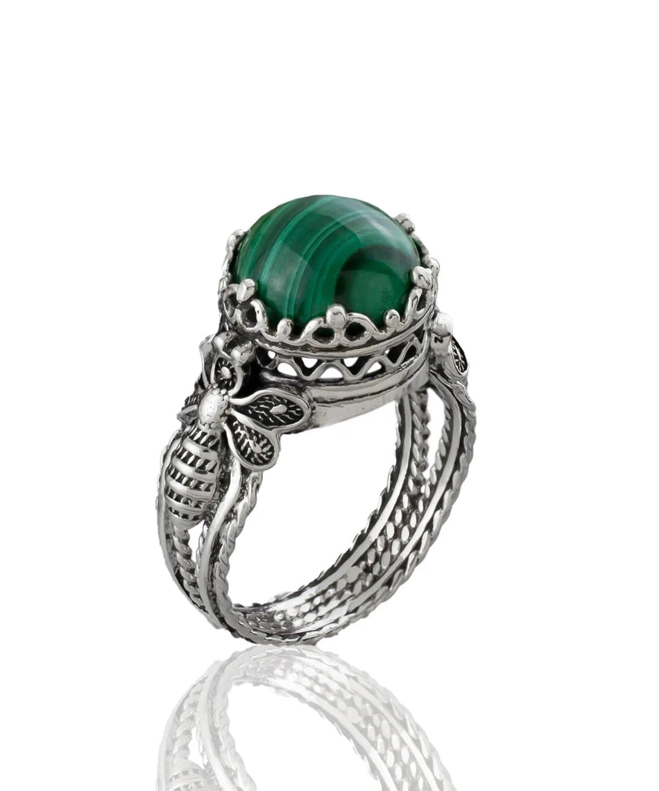 Bee Detailed Malachite Gemstone Filigree Art Women Silver Cocktail Ring - Drakoi Marketplace