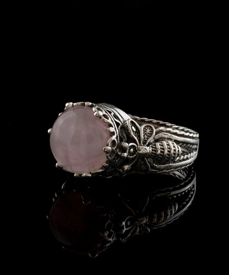 Bee Detailed Rose Quartz Gemstone Filigree Art Women Silver Cocktail Ring - Drakoi Marketplace