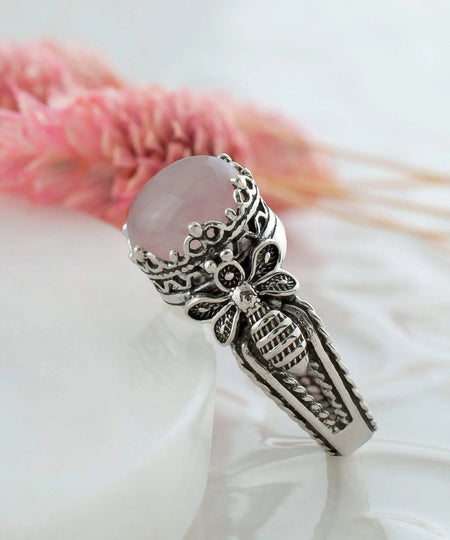 Bee Detailed Rose Quartz Gemstone Filigree Art Women Silver Cocktail Ring - Drakoi Marketplace