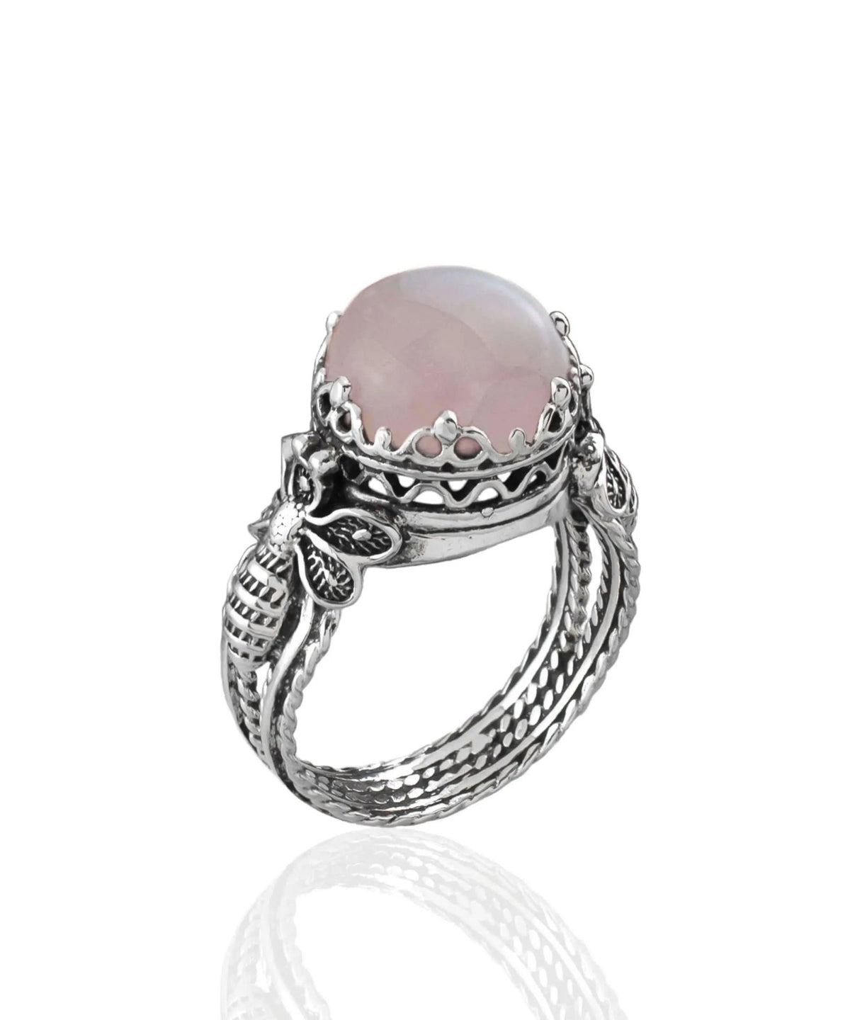 Bee Detailed Rose Quartz Gemstone Filigree Art Women Silver Cocktail Ring - Drakoi Marketplace