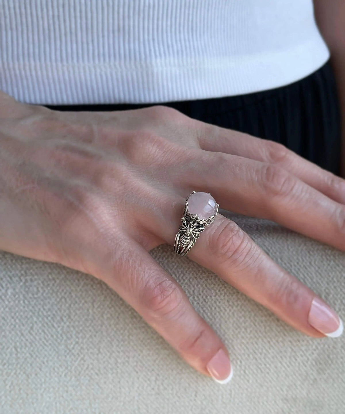 Bee Detailed Rose Quartz Gemstone Filigree Art Women Silver Cocktail Ring - Drakoi Marketplace