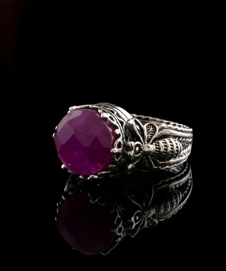 Bee Detailed Ruby Corundum Gemstone Filigree Art Women Silver Cocktail Ring - Drakoi Marketplace