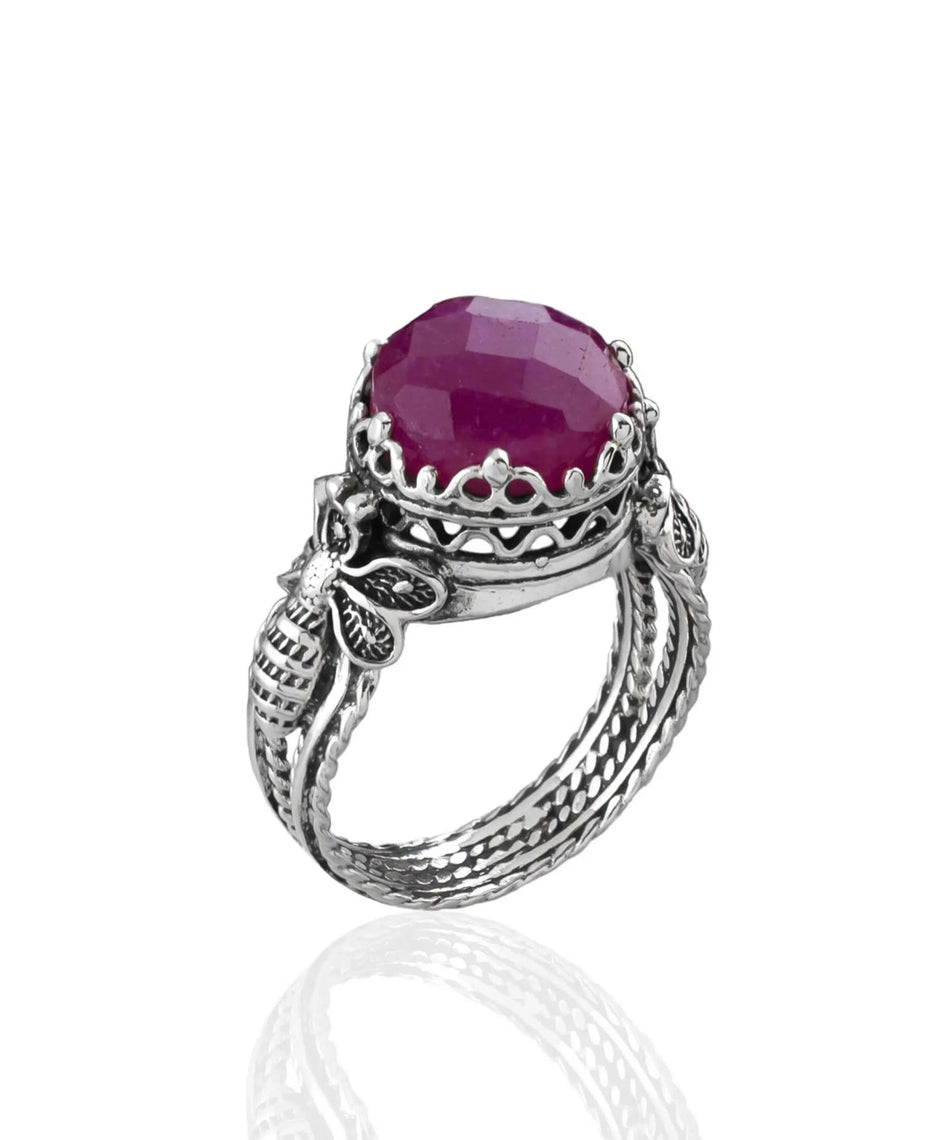 Bee Detailed Ruby Corundum Gemstone Filigree Art Women Silver Cocktail Ring - Drakoi Marketplace