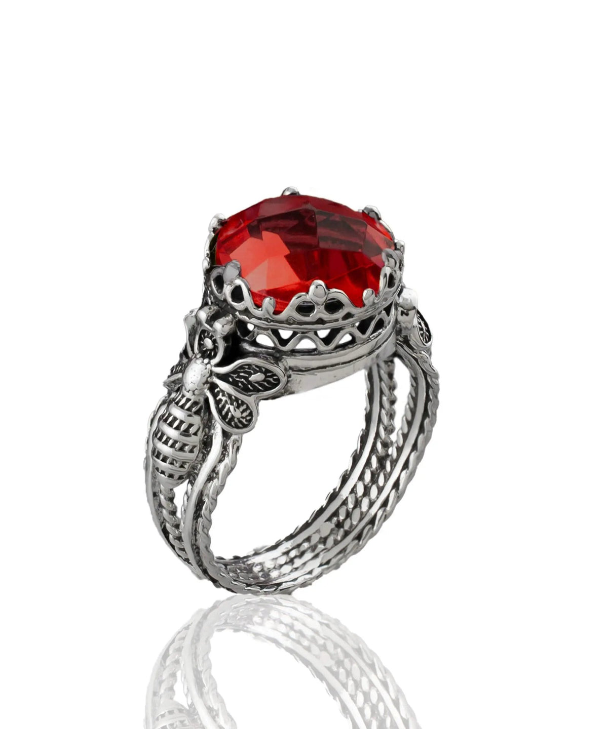 Bee Detailed Ruby Gemstone Filigree Art Women Silver Cocktail Ring - Drakoi Marketplace