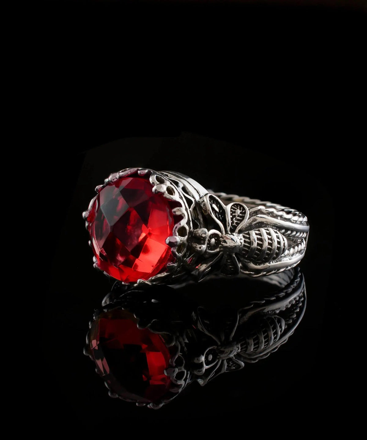 Bee Detailed Ruby Gemstone Filigree Art Women Silver Cocktail Ring - Drakoi Marketplace