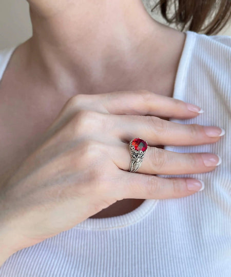 Bee Detailed Ruby Gemstone Filigree Art Women Silver Cocktail Ring - Drakoi Marketplace