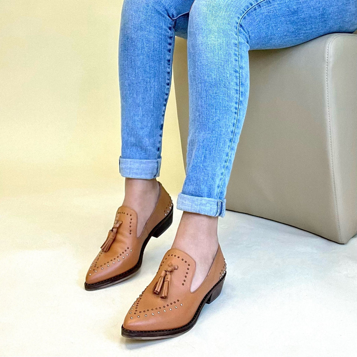 Bella Tan Studded Mules - Drakoi Marketplace