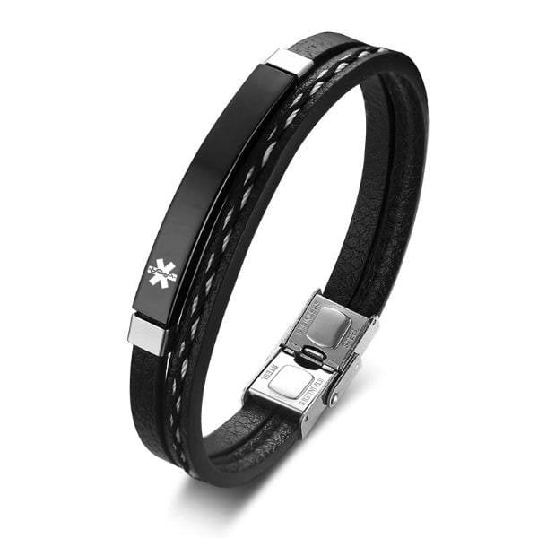 Black Leather Medical Alert ID Bracelet - Drakoi Marketplace