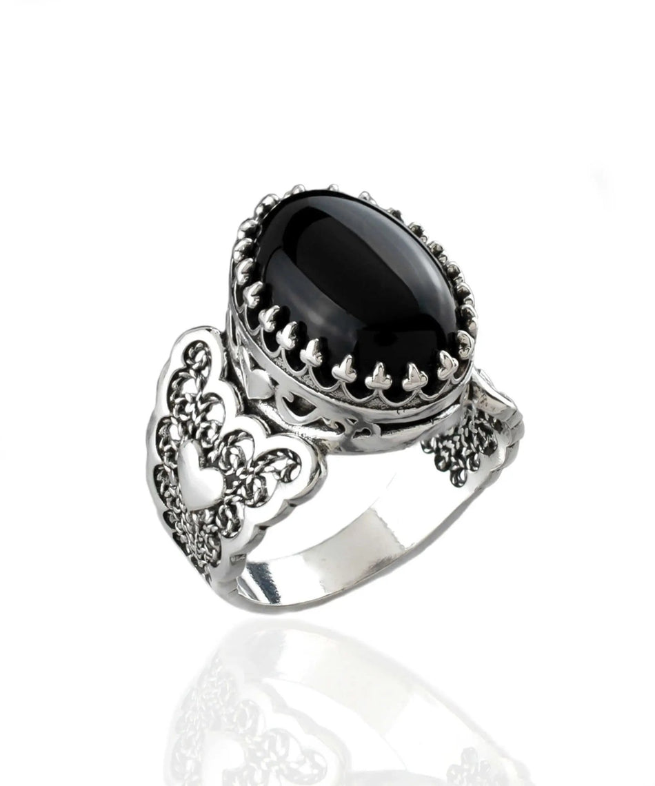 Black Onyx Gemstone Double Heart Detailed Filigree Art 925 Sterling Silver Women Statement Ring - Drakoi Marketplace